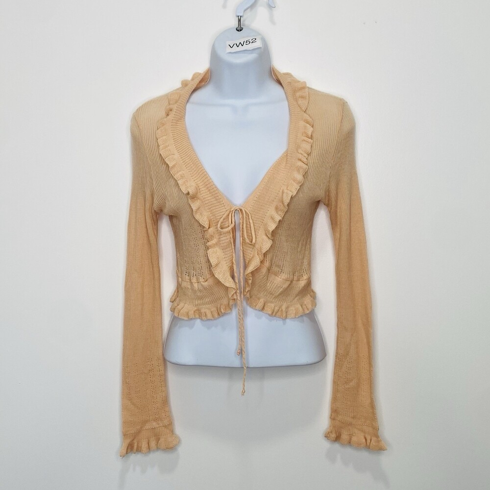 VTG Yank USA Delicate Peach Pink Ruffle Cropped Frill Cardigan Fairy Ren Faire